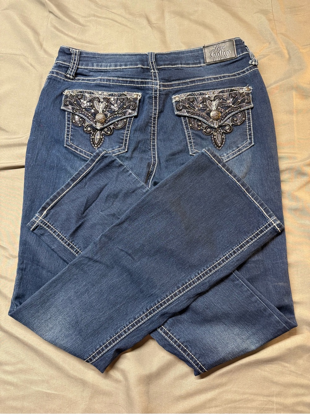 Love Indigo Dark Blue Boot Cut Jeans with Embroidered Back Pockets